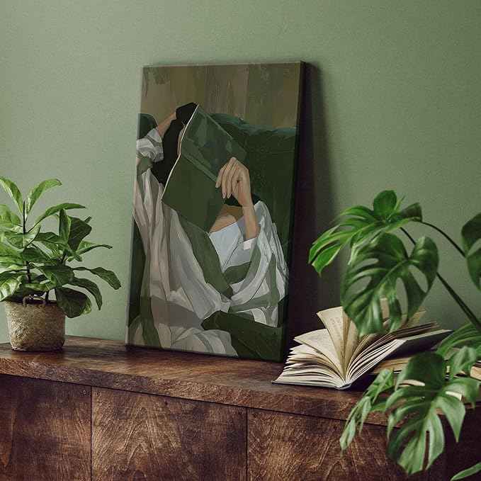 Emerald Green Reading Woman Canvas Wall Art Abstract Cozy People Wall Decor Pictures Minimalist Green Feminine Aesthetic Poster Print for Bedroom Living Room Home Decoration 16x24in