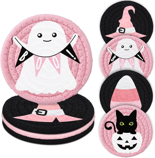 Whaline Halloween Handmade Braided Cotton Coasters Pink Cute Ghost Boo Black Cat Drink Coasters Absorbent Cup Coasters for Halloween Party Home Office Decor, Set of 4