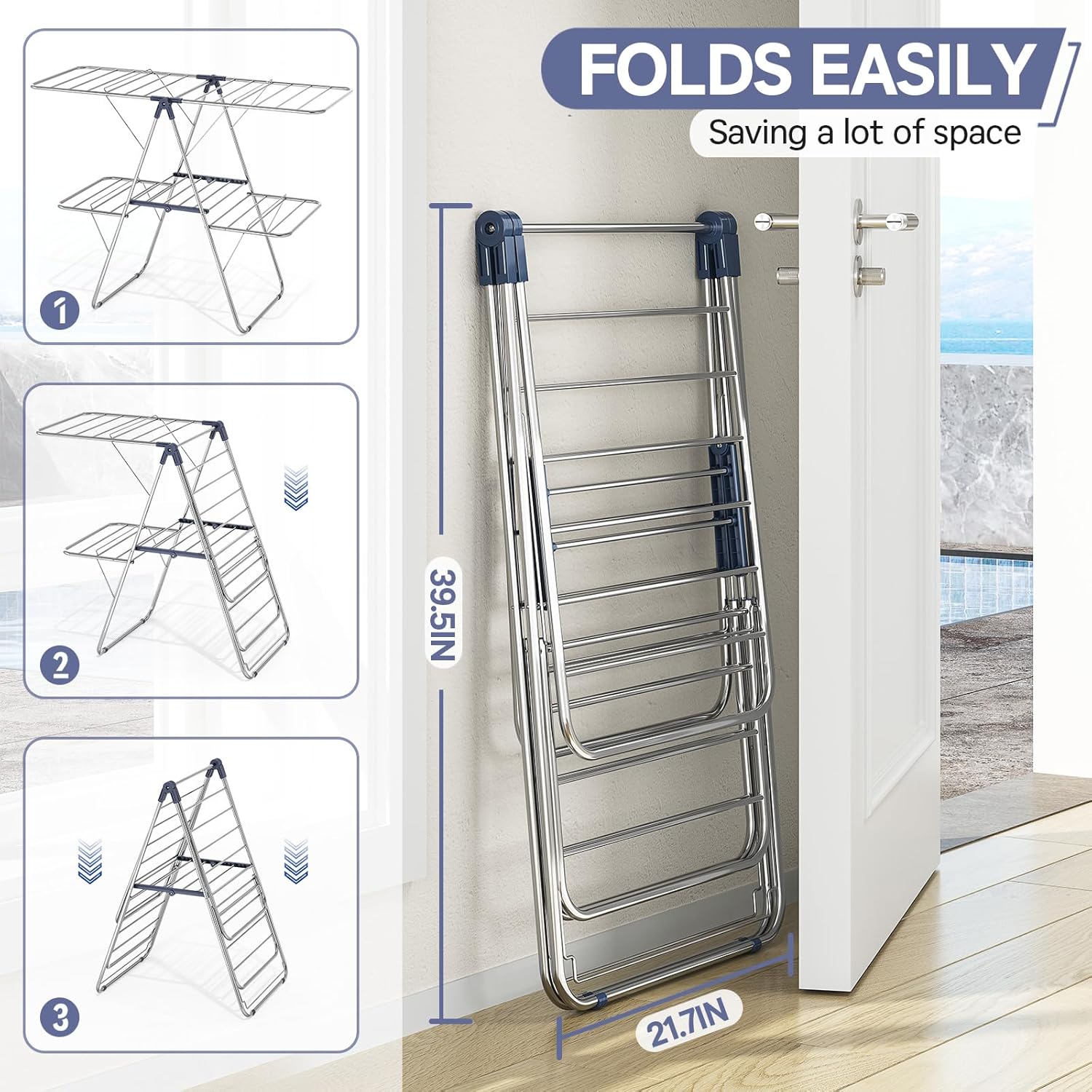 APEXCHASER Clothes Drying Rack with 4 Wings, Drying Rack Clothing with Height-Adjustable, Foldable Gullwings Laundry Drying Rack, Indoor Outdoor Use, No Assembly, Blue - NestledHome