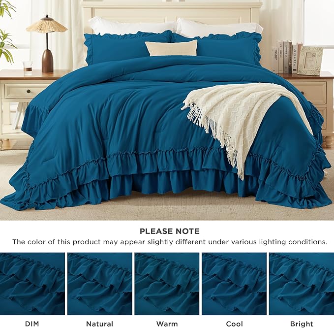 Andency Teal California King Comforter Set (104x96Inch), 3 Pieces Farmhouse Shabby Chic Ruffle Bedding Sets, Lightweight Fluffy Soft All Season Bed Set