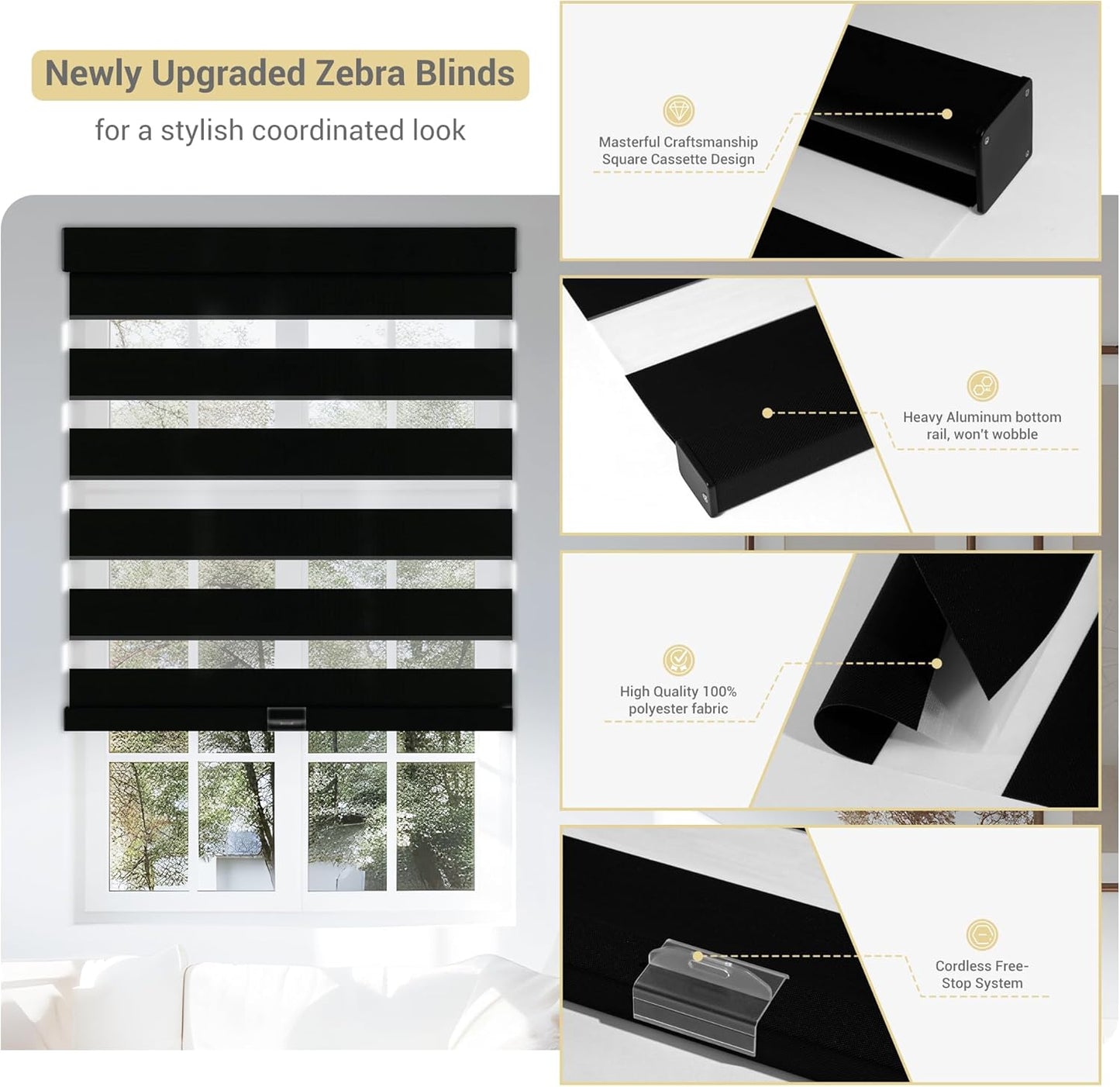 Cordless Zebra Blinds for Windows, Blackout Interior Blinds,Easy to Install,UV Protection,for Offices and Home,Custom Roller Shades, Solid Black, 20" W x 36" H