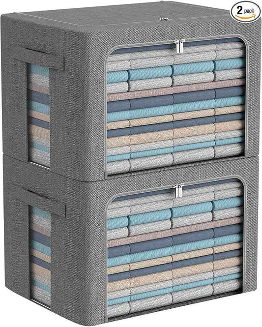 CYhom Clothes Storage Bins Box - Linen Fabric Foldable Stackable Container Organizer Set with Clear Window & Carry Handles & Metal Frame - 2Pack Large Capacity for Bedding, Blankets, Books