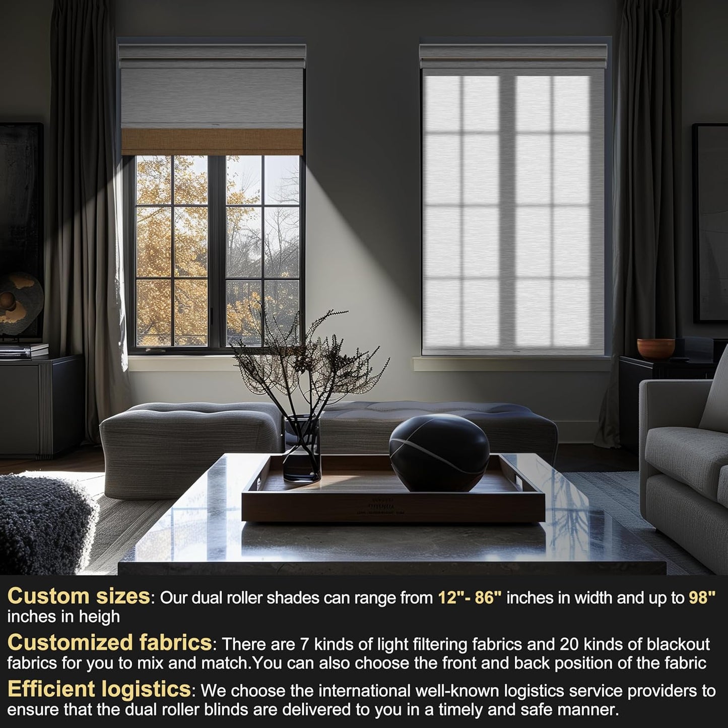 BERISSA Cordless Dual Roller Shades with Cassette Valance,Double Window Shades Blackout and Light Filtering Shades,Day and Night Roller Shades for Home Office Door.Linen Beige and White.44 W x 36" H
