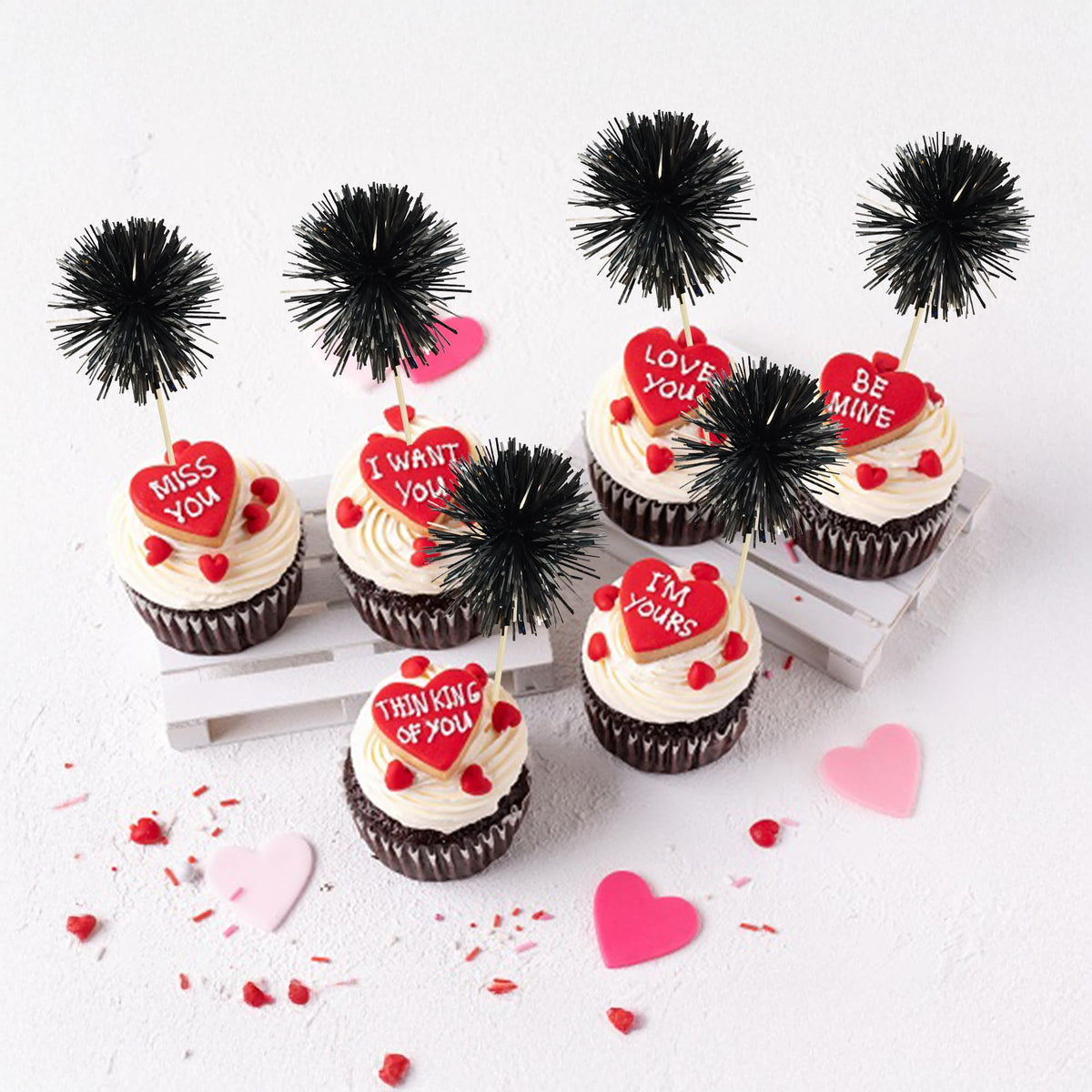 30Pcs Foil Firework Cupcake Toppers Sparkle Tinsel Cupcake Picks Happy Birthday Cake Decorations Drink Stirrers Cocktail Food Fruit Toothpicks for Baby Shower Graduation Party Supplies Black (30 Count)