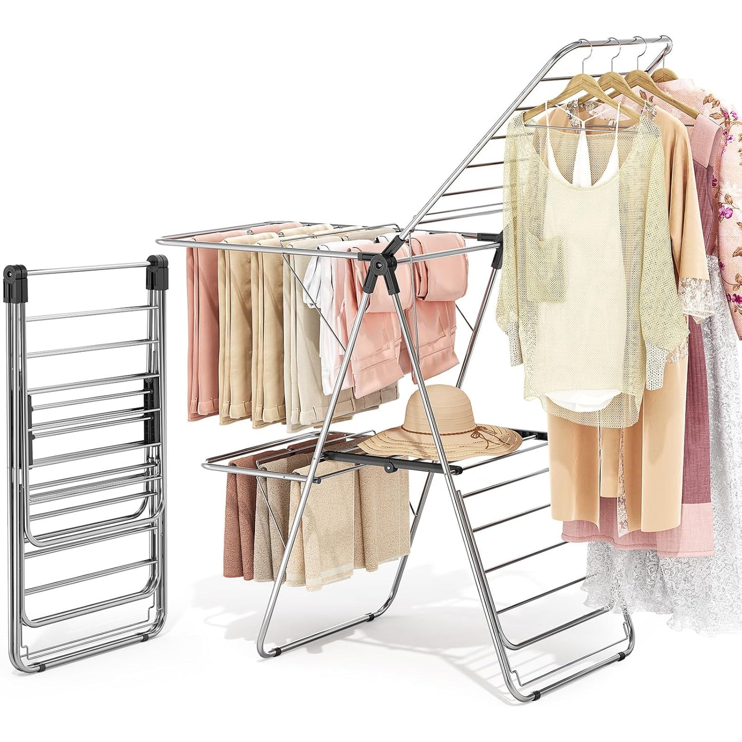 APEXCHASER Clothes Drying Rack with 4 Wings, Drying Rack Clothing with Height-Adjustable, Foldable Gullwings Laundry Drying Rack, Indoor Outdoor Use, No Assembly, Black - NestledHome