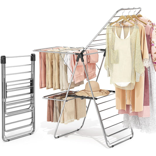 APEXCHASER Clothes Drying Rack with 4 Wings, Drying Rack Clothing with Height-Adjustable, Foldable Gullwings Laundry Drying Rack, Indoor Outdoor Use, No Assembly, Black - NestledHome