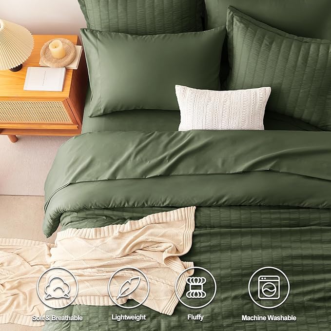 CozyLux Oversized King Comforter Set Olive Green Seersucker 7 Pieces Bed in a Bag King Comforter Set with Sheets, Luxury Soft Bedding Set with Down Alternative Comforter, Sheets, Pillowcases & Shams