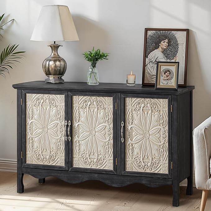 RoyalCraft Farmhouse Sideboard Buffet Cabinet with Storage, 49" Solid Wood Credenza Buffet Table Coffee Bar Wine Bar Storage Cabinet with 3 Doors for Dining Room Living Room Hallway (Provence Black)