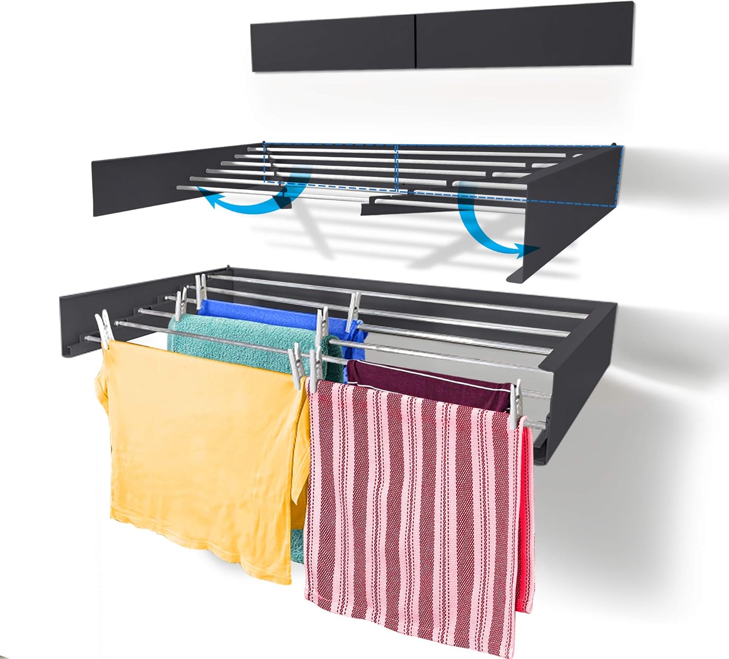 Step Up Laundry Drying Rack (40-INCH Industrial Gray), Wall Mounted, Retractable Clothes Drying Rack, 60lbs Capacity, 20 Linear Ft, with Wall Template and Long Screwdriver Bit - NestledHome