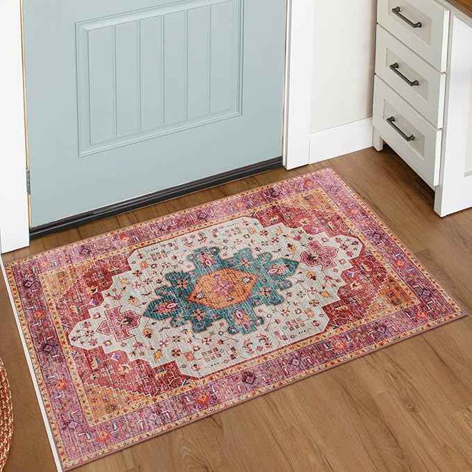 Moynesa Ultra-Thin Washable Runner Rug - Pink 2x4 Bedroom Bathroom Rug Runner Non-Slip Kitchen Rugs, Vintage Stain Resistance Low Pile Entryway Carpet Runner for Hallway Laundry Room