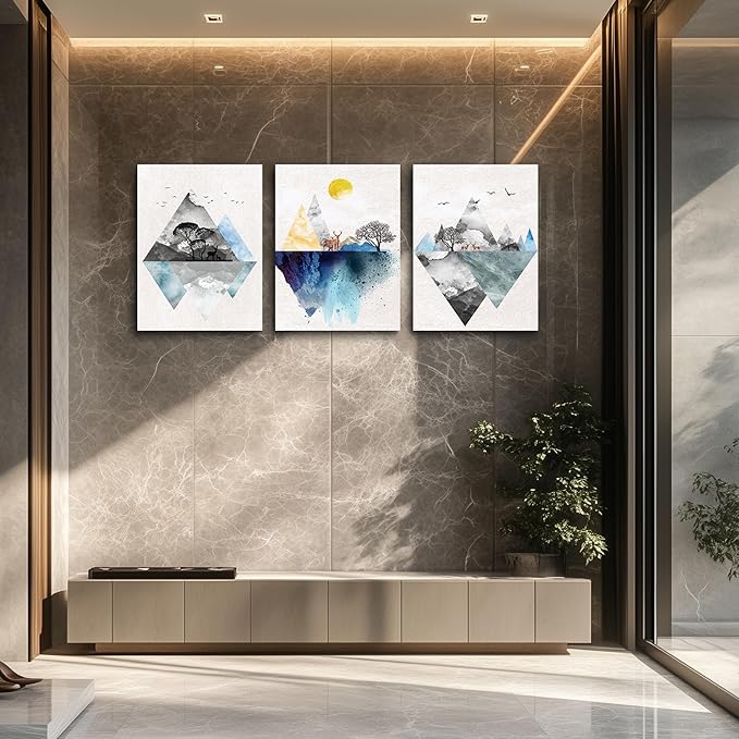 Wall Art for living room Canvas Prints Artwork bathroom Wall Decor Abstract Mountain geometric Picture Watercolor painting 3 Pieces Framed bedroom wall decorations Fashion Office Home decoration