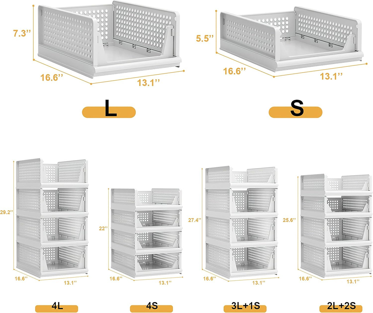 4 Pack Stackable Plastic Storage Basket Closet Organizer Bin Foldable Clothes Organizer Storage Drawer Shelf Container for Living Room Bathroom Kitchen Office (4S) - NestledHome
