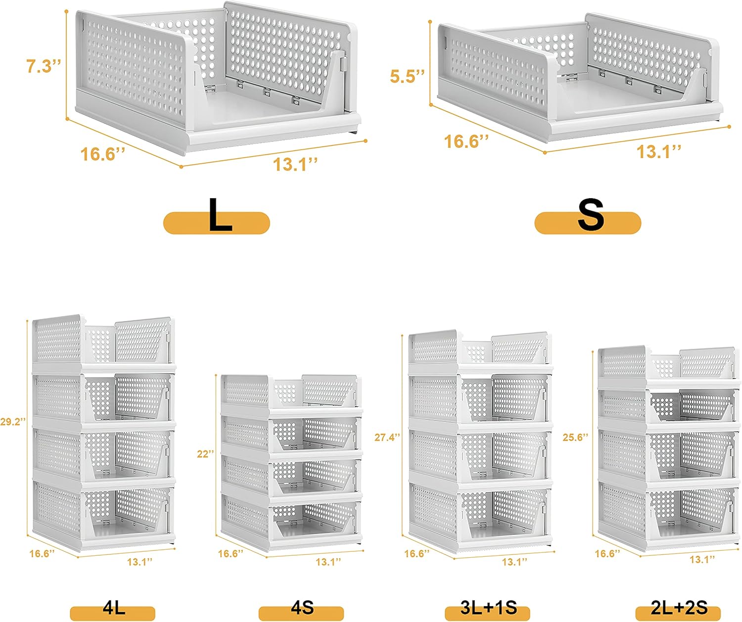 Stackable Plastic Storage Basket Closet Organizer Bin Foldable Clothes Organizer Storage Drawer Shelf Container for Living Room Bathroom Kitchen Office Laundry Room - NestledHome
