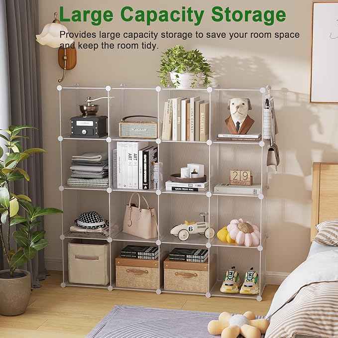 C&AHOME Cube Storage Organizer, 16-Cube Shelves Units, Plastic Storage Cubes, DIY Closet Organizer, Modular Closet Storage Shelf Ideal for Home, 48.4" L × 12.4" W × 48.4" H Transparent Twill UPCS16T