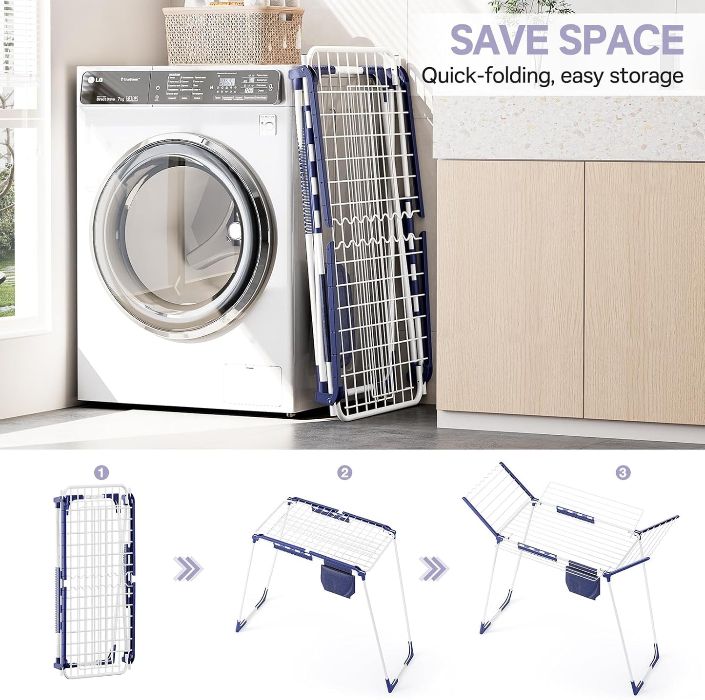 APEXCHASER Clothes Drying Rack Foldable, Drying Rack Clothing Large Space, Winged Laundry Rack with Sock Clips for Hanging Towels Clothes Dress Bedding Indoor Outdoor, White - NestledHome