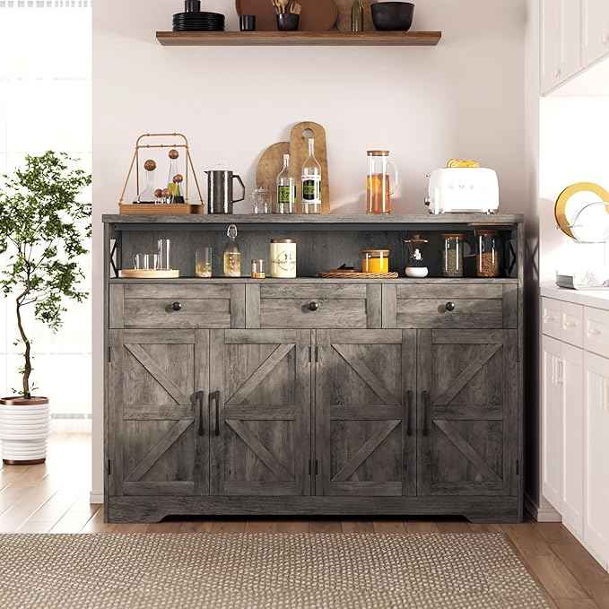Farmhouse Buffet Cabinet with Drawers, Sideboard with Storage, Kitchen Pantry Cabinet Hutch, Wood Coffee Bar Station for Kitchen, Livingroom, 52" L Rustic Grey