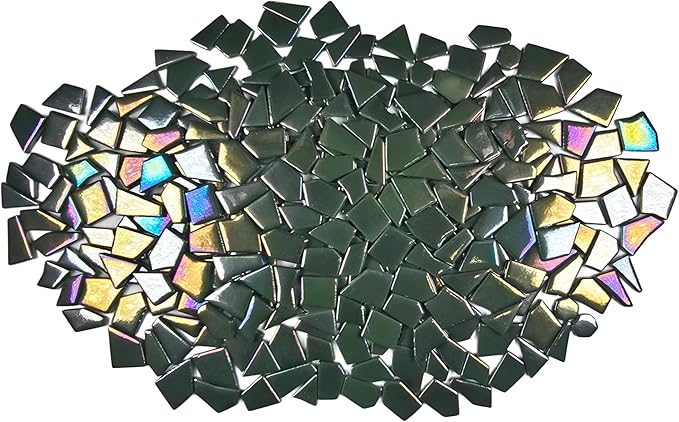 Irregular Glass Mosaic Tiles Bulk 500g Glossy and Iridescent Mosaic Glass Tiles for DIY Projects and Arts and Crafts Solid Colors and Mixes (Iridescent Army Green)