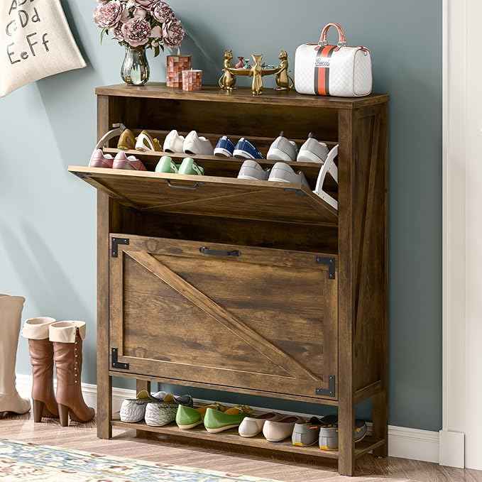 Vabches Shoe Storage Cabinet, 5-Tier Farmhouse Freestanding Organizer with 2 Flip Drawers, Wooden Shoes Rack Cabinets Storage Organizer with Doors for Entryway, Hallway, Closet, Rustic Brown