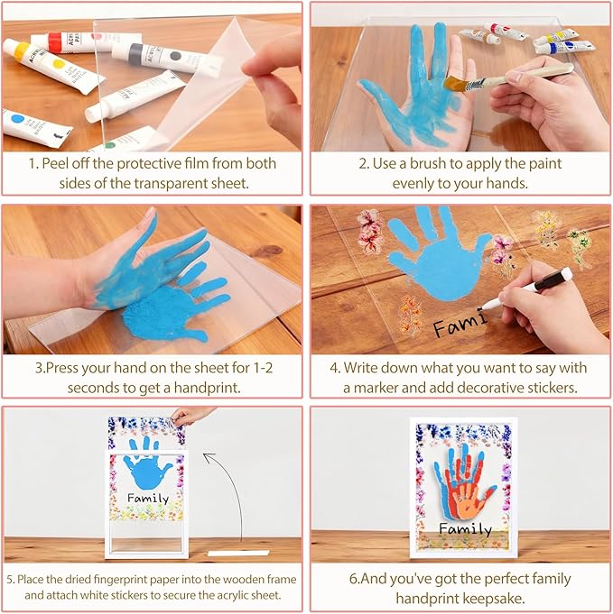 OurWarm Family Handprint Kit for 4, DIY Baby Handprint Set Keepsake Gifts with 50 PC Stickers & 12 Paints, Baby Footprint Kit Wooden Frame for New Parents Anniversary Newborn Adoption Day Gifts