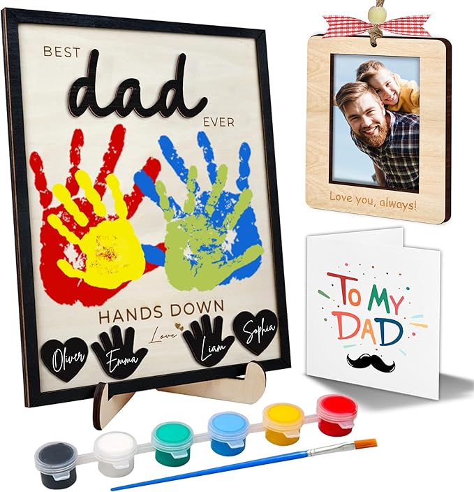 10" Best Dad Ever Hands Down Sign DIY Dad Gifts from Kids Handprint Kit with Acrylic Paint, Toddler Craft Birthday Gift Father's Day for Daddy, Papa Family Plaque with Daughter, Son Names HF90-D