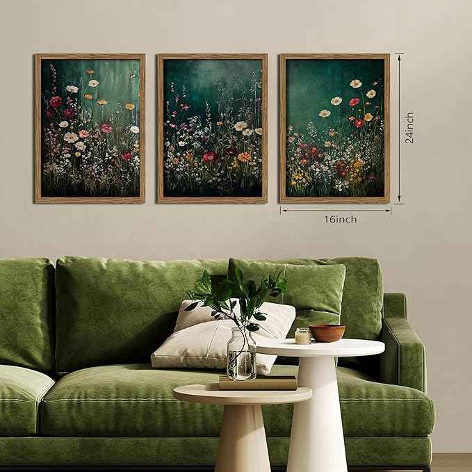 Vintage Wildflower Wall Art Set of 3, Moody Dark Green Flower Botanical Wall Decor Paintings,Nature Floral Farmhouse Landscape Posters Prints Pictures for Living Room Bedroom 16x24 Inch Wood Framed