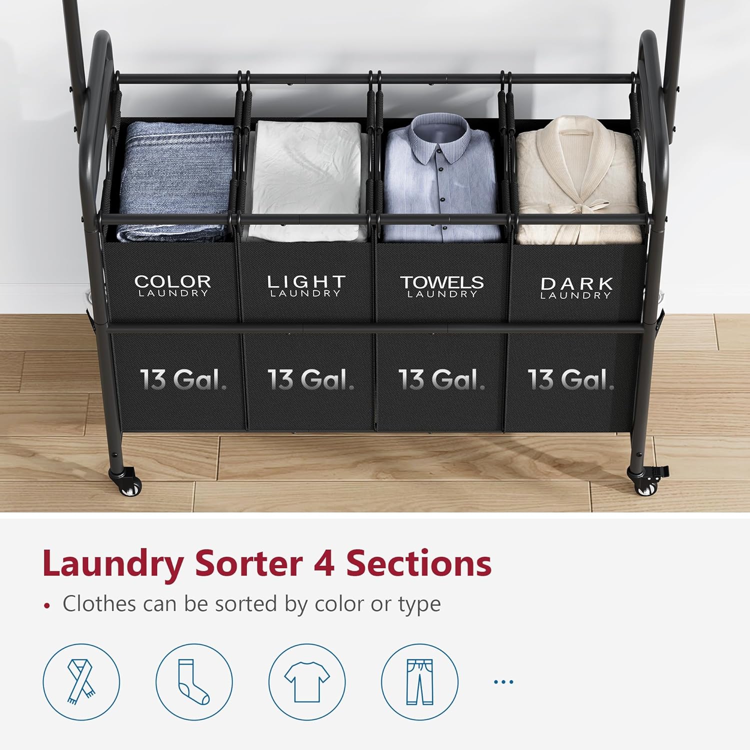 Tajsoon Laundry Sorter Cart with Hanging Clothes Rack, 4 Butler Sorter Basket Organizer, Laundry Hamper Cart with Heavy Duty Rolling Lockable Wheels, Black - NestledHome