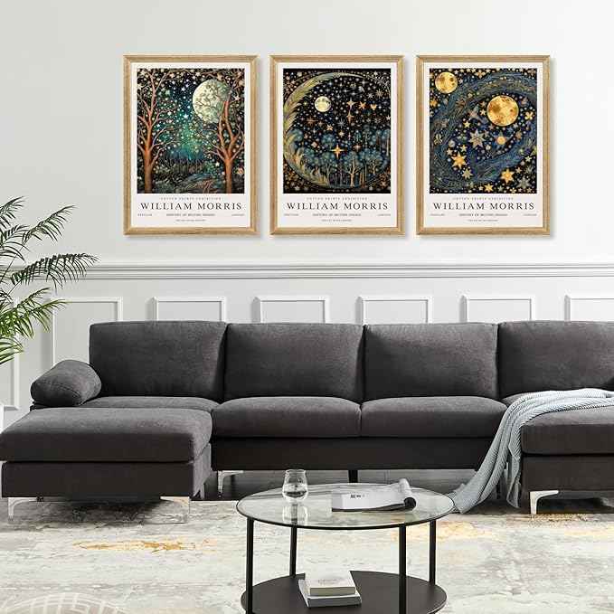 Hianan William Morris Canvas Wall Art, Vintage Gold Moon Stars Poster Prints, Many Dreamlike Stars Wall Decor, Retro Botanical Aesthetic Picture for Bedroom Living Room Office Wood Framed 12"x16"x3