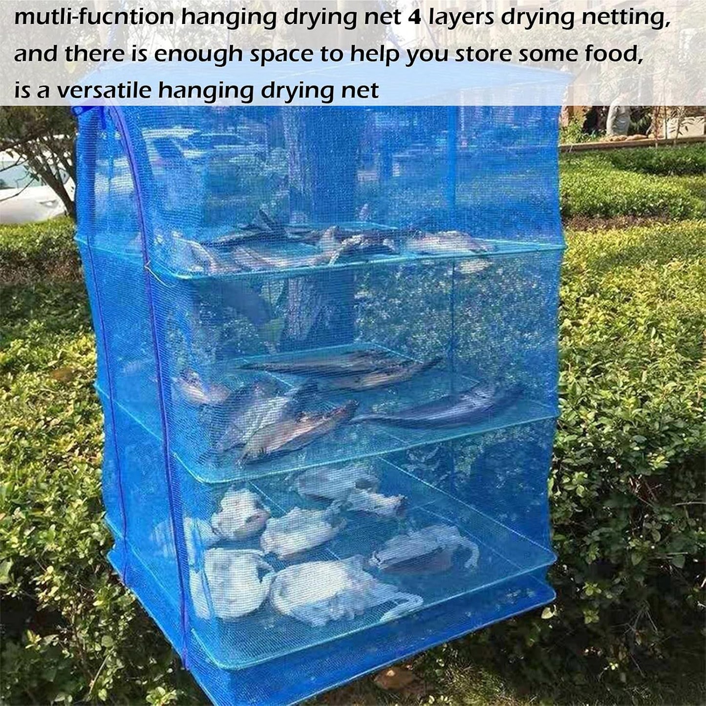 Drying Rack 4 Layers Folding Mesh, Foldable Nylon Netting, Hanging Drying Net, for Shrimp, Fish, Fruit, Vegetables, Herb, with Zipper Opening - Blue (25.59X13.78X13.78 in) - NestledHome