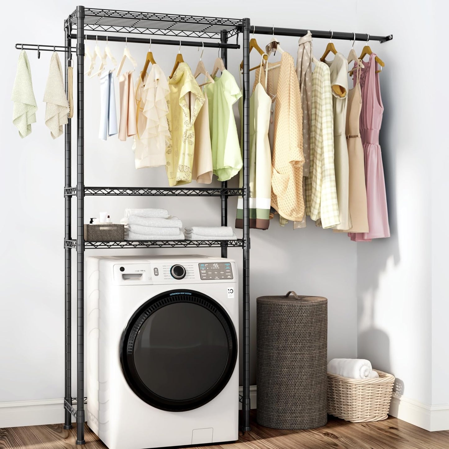 Over Washer and Dryer Shelves,3 Tier Adjustable Wire Shelving Laundry Room Storage Organization Clothes Drying Rack with Mounted on the Wall Expandable Hanger Rods&Hook,55"~74.5"Wx13.4"Dx77"H - NestledHome