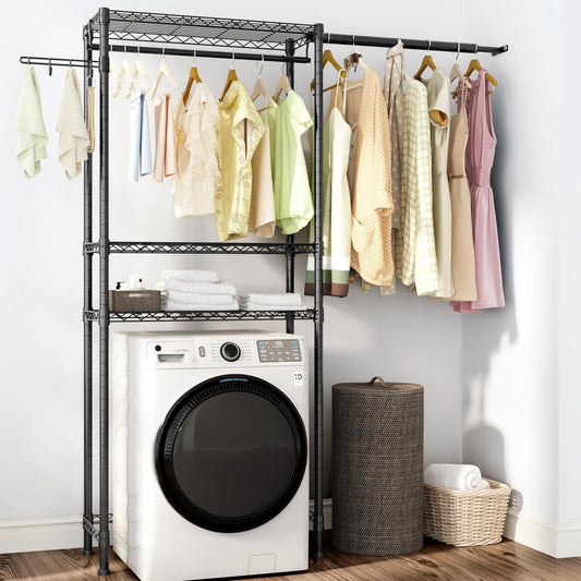 Over Washer and Dryer Shelves,3 Tier Adjustable Wire Shelving Laundry Room Storage Organization Clothes Drying Rack with Mounted on the Wall Expandable Hanger Rods&Hook,55"~74.5"Wx13.4"Dx77"H - NestledHome