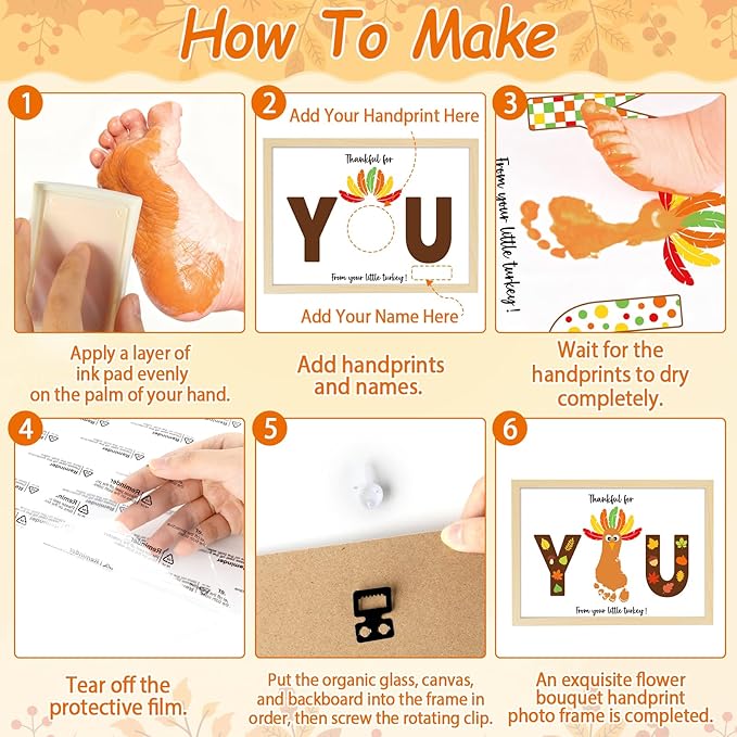 Thanksgiving Turkey Footprint Art Craft DIY Kit Brown Fall Thanksgiving DIY Gifts Thankful for You Little Turkey Footprint Keepsake with Wood Frame for Mom Dad Friend Holiday Activities 12x16 Inch