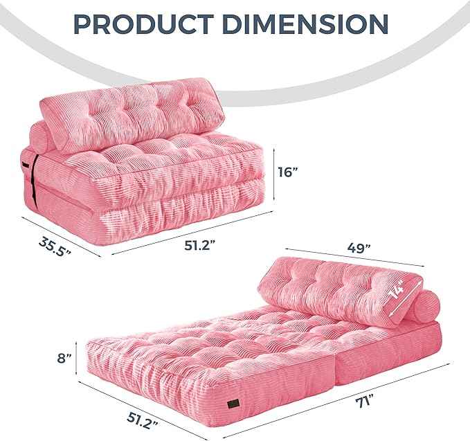 MAXYOYO Folding Sofa Bed, Convertible Sleeper Chair with Pillow Foldable Matress with Back Support, Portable Fold Out Chair Bed Comfy Floor Sofa Lounge for Living Room Bedroom, Pink Double