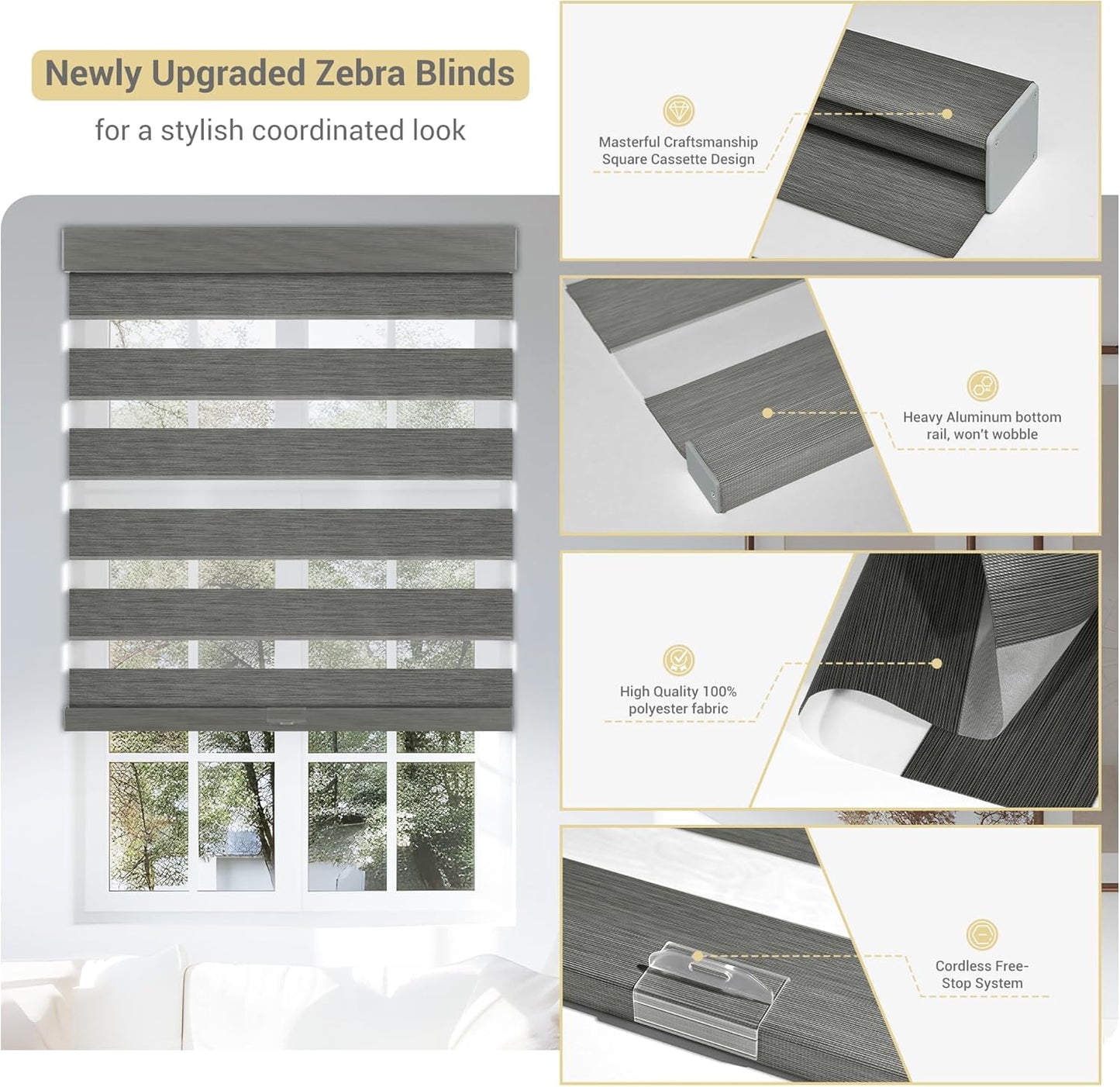 Cordless Zebra Blinds for Windows, Blackout Interior Blinds,Easy to Install,UV Protection,for Offices and Home,Custom Roller Shades, Mousse Grey,87" W x 64" H