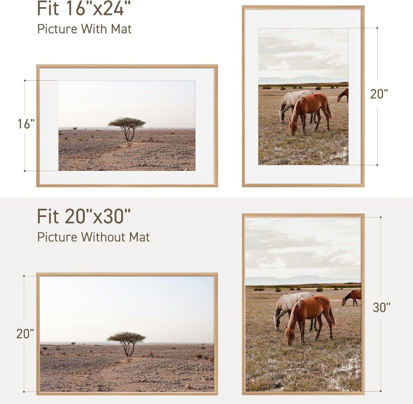20x30 Poster Frame Set of 2 Natural Solid Oak Photo Frames with 16x24 Removable Mat Wall Hanging Large Handcrafted Frame with HD Plexiglass Wall and Tabletop Display Large Picture Frame