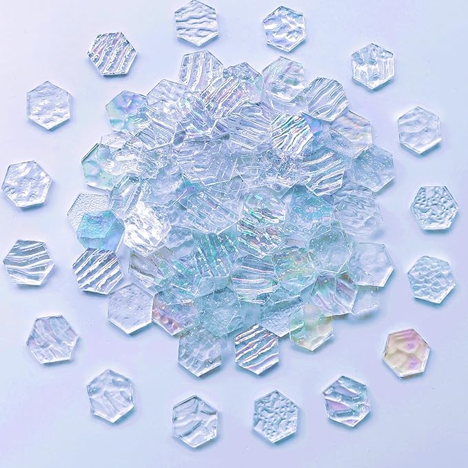100 pcs Hexagon White Iridescence Stained Glass Pieces Mosaics Tiles for Crafts Bulk, Hand Precut Mosaic for Stained Glass Bee Honeycombs, Mosaic Kits for Adults