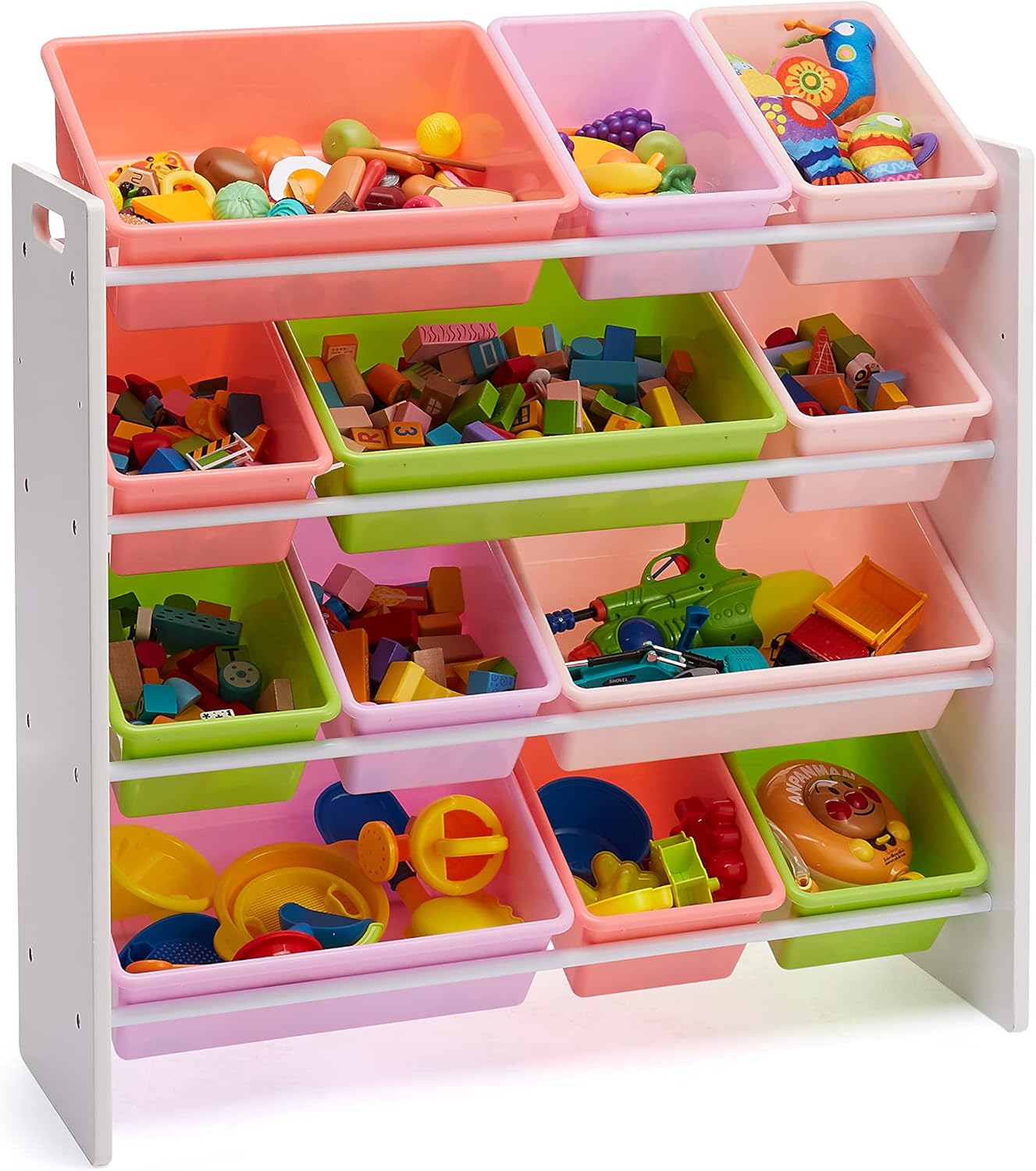 Amazon Basics Kids Toy Storage Organizer With 12 Plastic Bins, White Wood With Pink Bins, 10.9" D x 33.6" W x 31.1" H - NestledHome