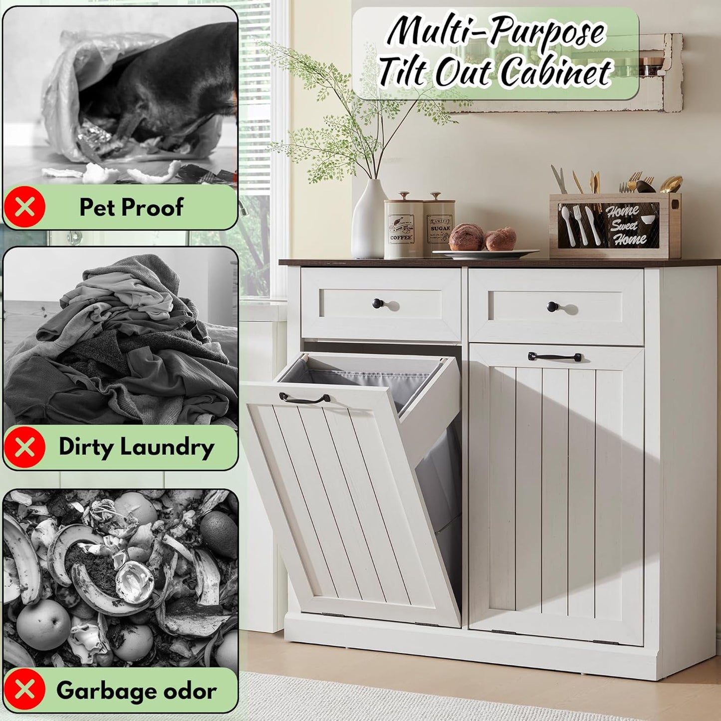 Double Tilt Out Laundry Hamper Cabinet, 20 Gallon Farmhouse Trash Can Cabinet with Drawer, Hidden Wood Garbage Can Bin Cabinets with Laundry Storage Basket for Bathroom, Kitchen (Antique White) - NestledHome