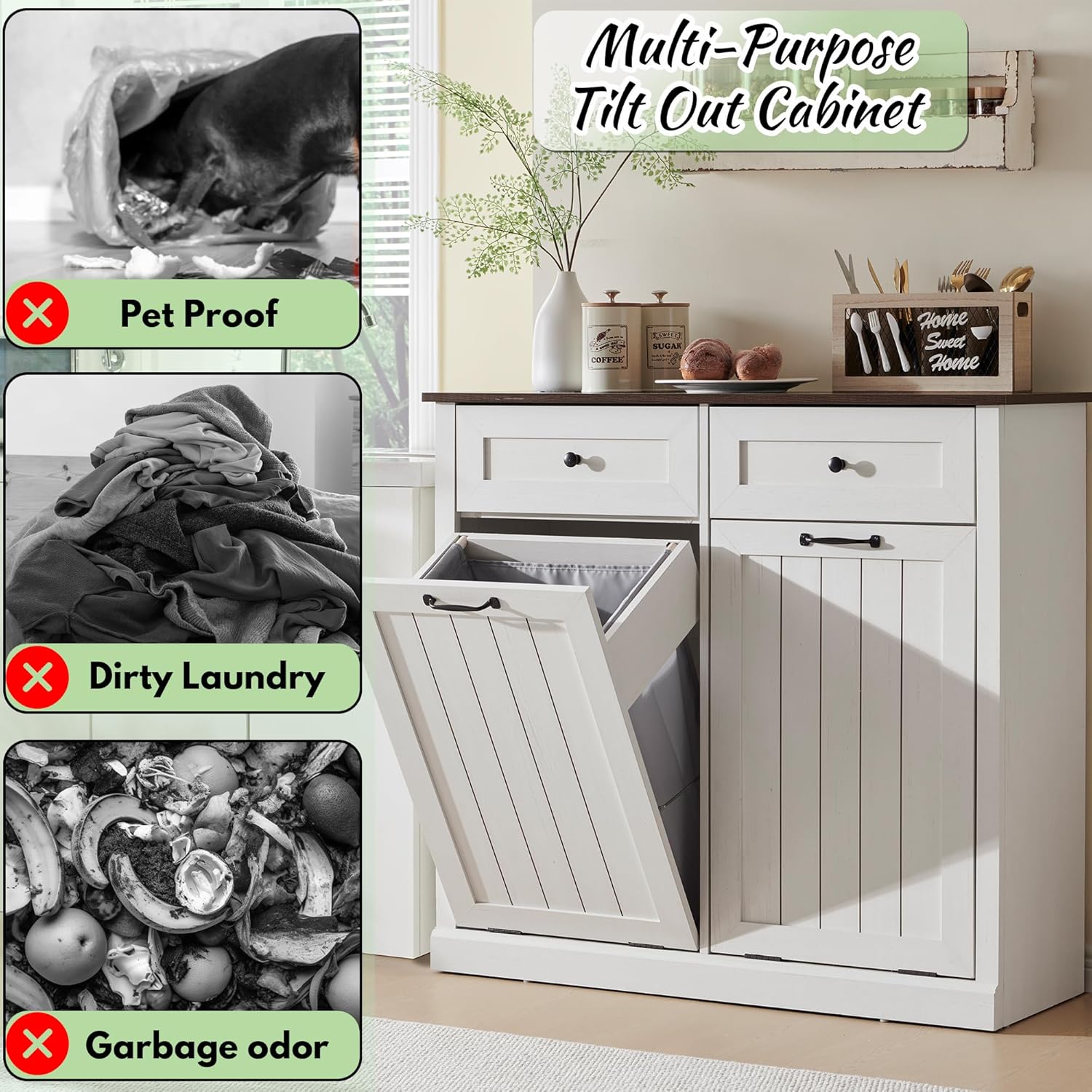 Double Tilt Out Laundry Hamper Cabinet, 20 Gallon Farmhouse Trash Can Cabinet with Drawer, Hidden Wood Garbage Can Bin Cabinets with Laundry Storage Basket for Bathroom, Kitchen (Antique White) - NestledHome