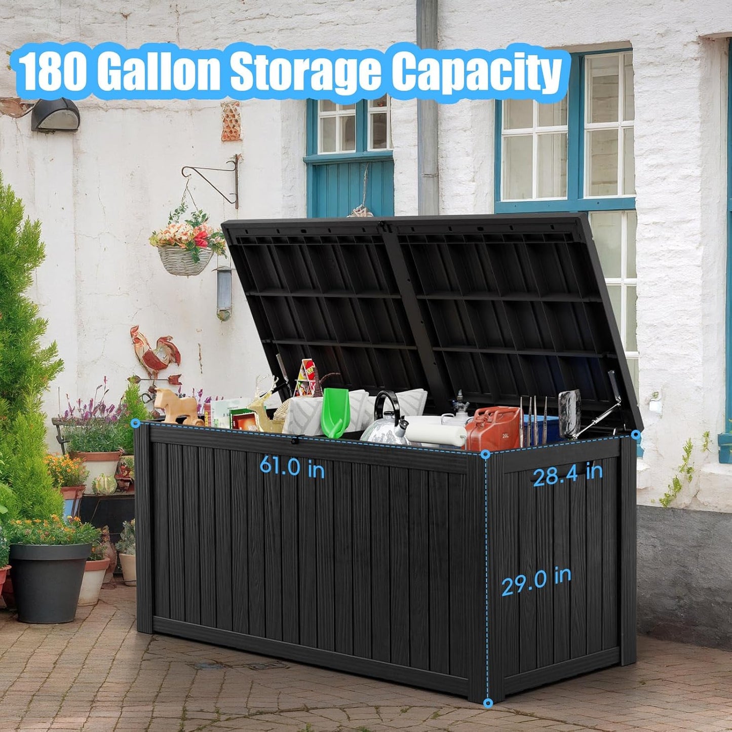 180 Gallon Deck Box,Resin Outdoor Storage Box with Lockable for Patio Furniture, Pool Accessories, Garden Tools Waterproof Outside Storage Box, Black
