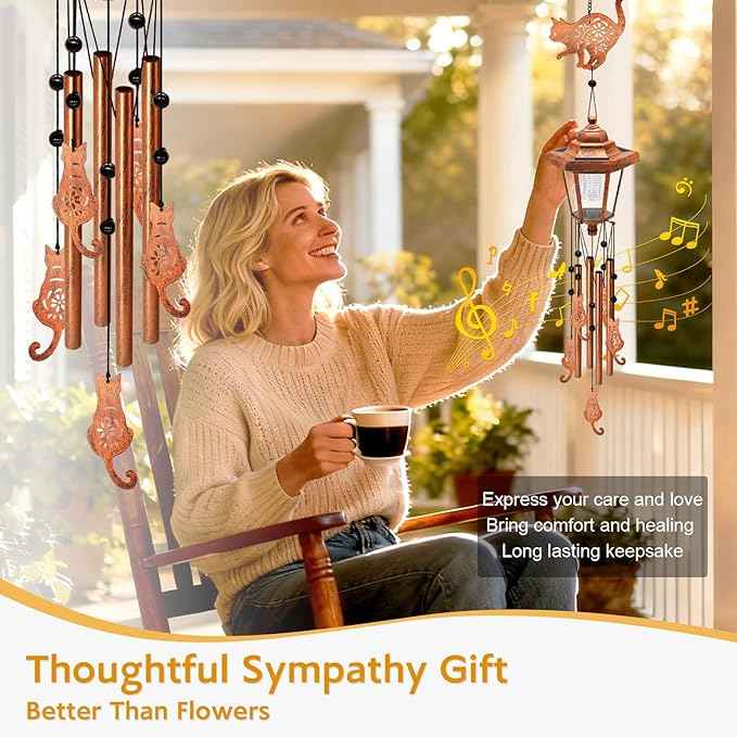Large Solar Cat Wind Chimes, Gifts for Women Mom Grandma Wife Sister Daughter Neighbor Nana, Classic Bronze Wind Chimes With Wind Catcher, Solar Decor Lights For Outdoor Garden Patio Yard Porch Window