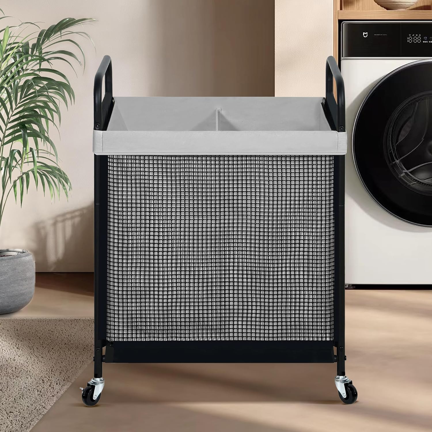 STO STO Laundry Hamper 2 Section, 100L Rolling Laundry Sorter Cart with Removable and Washable Liner Bag, Rolling Clothes Hamper with Metal Handle for Laundry Room and Bedroom, Gray - NestledHome