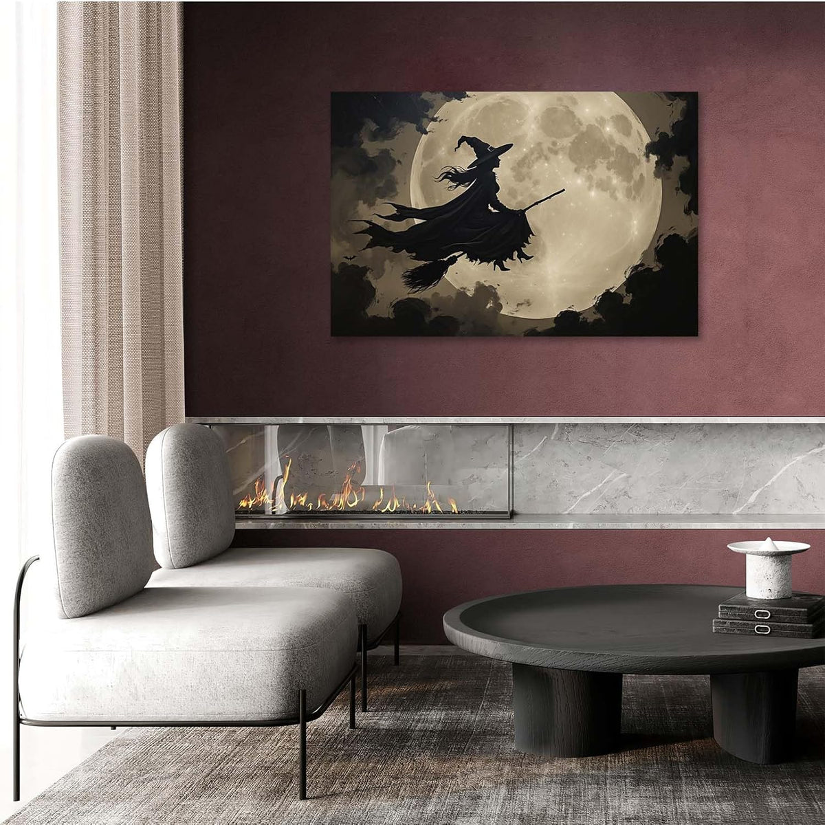 JFHCQJPK Full moon witch silhouette poster witch on magic broom Halloween mural poster decorative mural art suitable for home living room bedroom24x36in Frameless