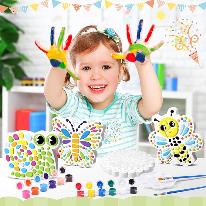 6 Pack Stepping Stone Ceramic Kit for Kids Paint Your Own Plaster Stones Arts and Crafts Handprint Garden and Spring DIY Craft Pottery Outdoor Painting Gifts for Kids Ages 4-12