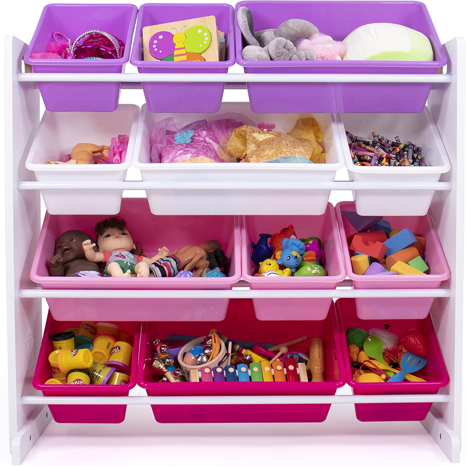 Humble Crew Kids Toy Storage Organizer with 12 Plastic Bins, White/Pink/Purple – Removable Bins for Playroom, Bedroom, Toddler Furniture for Boys and Girls Ages - NestledHome