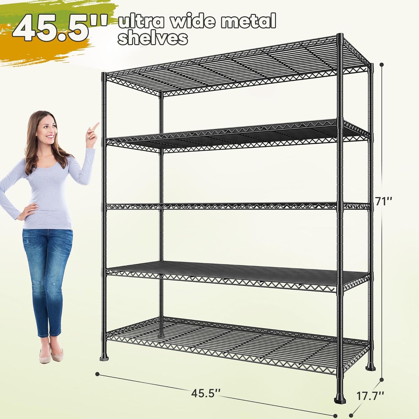 REIBII 45.5''W Storage Shelves Wire Shelving, 5 Tier Pantry Shelves for Storage Rack, Adjustable Metal Shelving for Pantry Kitchen Steel Shelving, 45.5" W x 71" H x 17.7" D - NestledHome