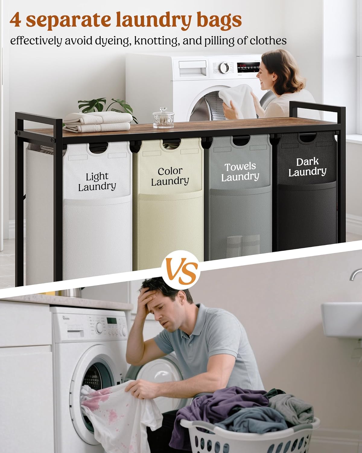 Lulive Laundry Hamper with Shelf, Laundry Basket 4 Section, Laundry Sorter Organizer with Pull-Out Removable Large 4 Color Bags & Large Top Shelf for Laundry Room, Bathroom and Dorm, 4 x 18 Gal (272L) - NestledHome