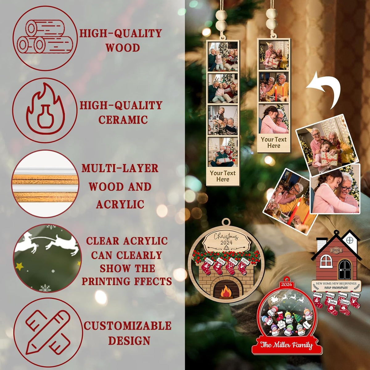 Personalized Christmas Ornaments with Photo Names Custom Family Ornament Customized Xmas Tree Hanging Wood Decoration Gift Snow Globe