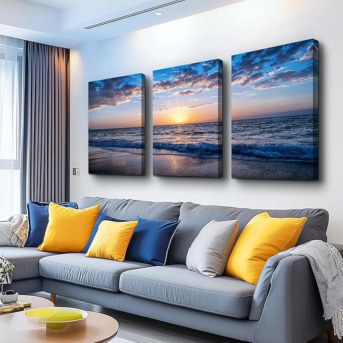 Canvas Wall Art For Living Room Sunrise Blue Sea View Landscape Wall Decor Canvas Prints Artwork Ocean Ready To Hang For Modern Bedroom Bathroom Office Home Decoration 20" X 28" 3 Pieces Framed Panels