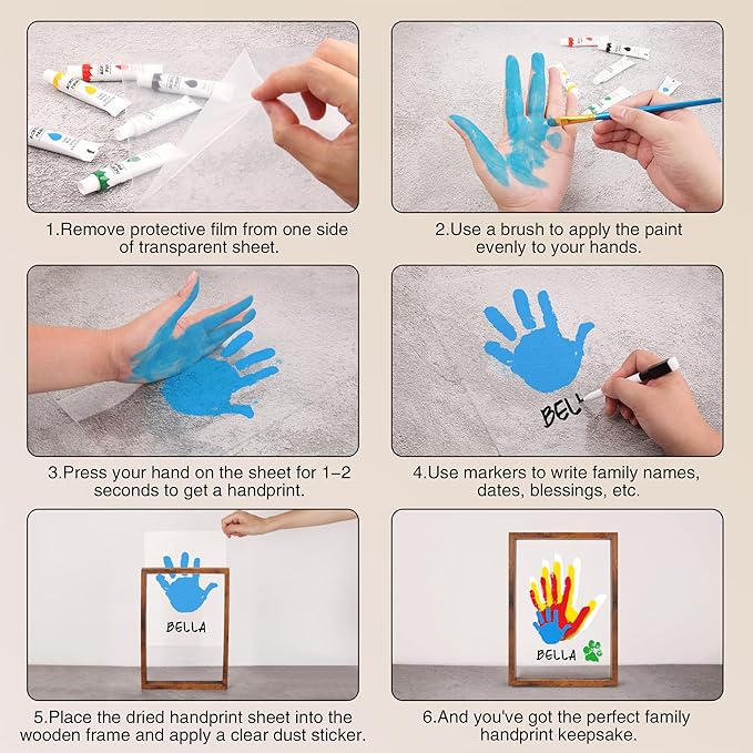 Family Handprint Kit, Hand Prints Keepsake Frame, DIY Craft Gift for New Parents & Mom & Baby, Grandparents, Mother's Day, Father's Day, Adoption Day, Anniversary, 6 Non -Toxic Paints (Brown)