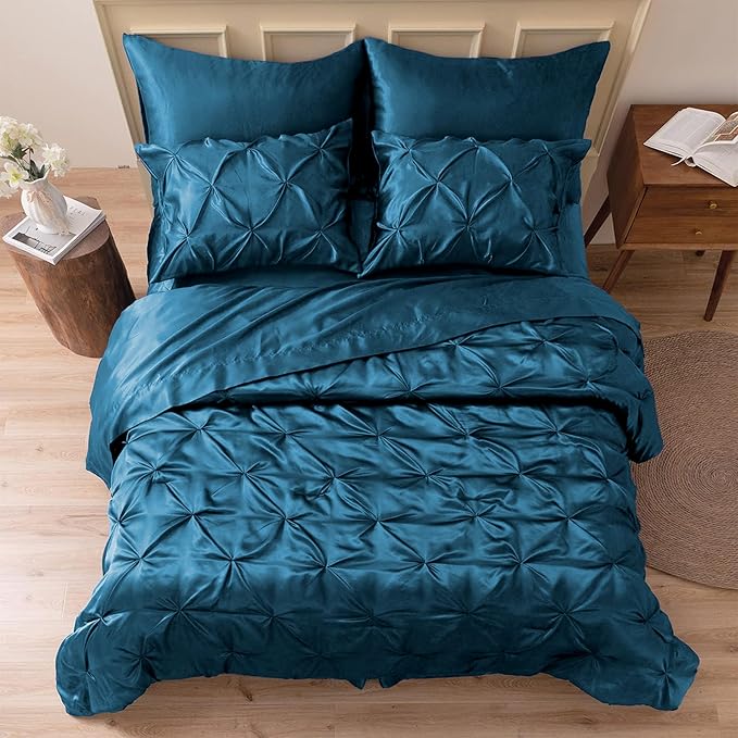 MR&HM Satin Comforter King 7 Pieces - Luxurious Pinch Pleat Bedding Set with Comforter, Flat Sheet, Fitted Sheet, Pillowcases & Shams, Super Silky Soft Bed Set for All Season (King, Teal)